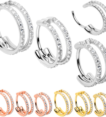 20G Double Row Micro Gem Implant Grade Titanium Hinged Double Hoop Nose Ring