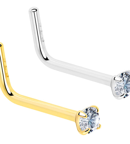 20G Gold Plated 925 Sterling Silver 2mm CZ L-Shape Nose Ring