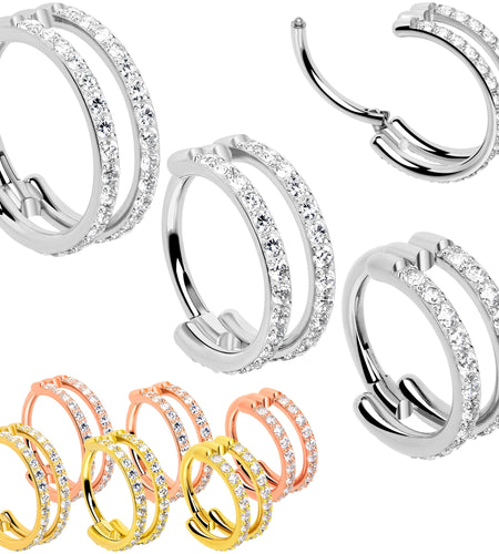 18G Double Row Micro Gem Implant Grade Titanium Hinged Double Hoop Nose Ring