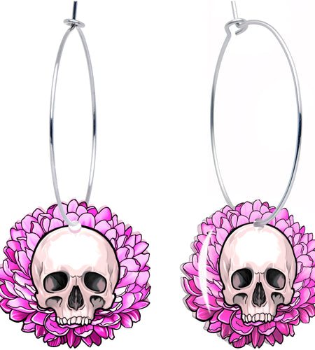 Blooming Pink Flower Skull Hoop Earrings by Onyx O
