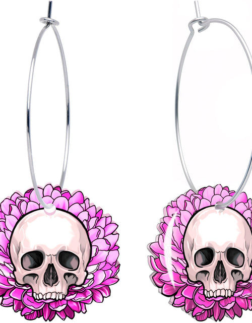 Load image into Gallery viewer, Blooming Pink Flower Skull Hoop Earrings by Onyx O
