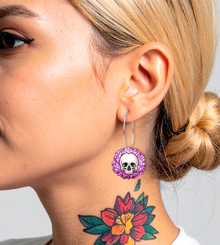 Blooming Pink Flower Skull Hoop Earrings by Onyx O