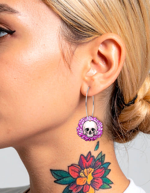 Load image into Gallery viewer, Blooming Pink Flower Skull Hoop Earrings by Onyx O
