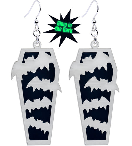 Glowing Bats Coffin Glow in the Dark Dangle Earrings by Onyx O