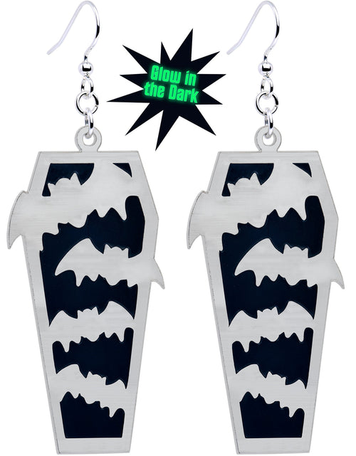 Load image into Gallery viewer, Glowing Bats Coffin Glow in the Dark Dangle Earrings by Onyx O
