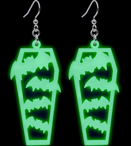 Glowing Bats Coffin Glow in the Dark Dangle Earrings by Onyx O