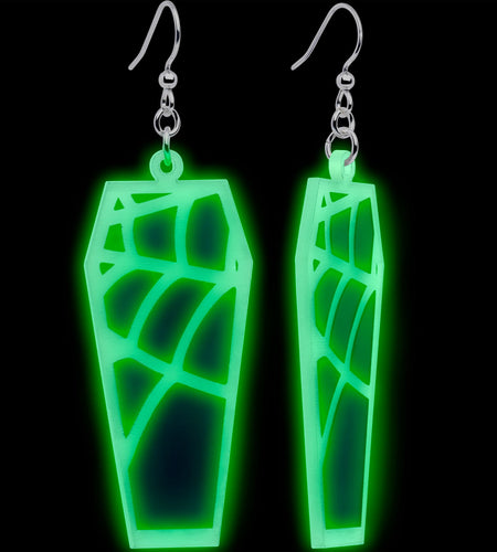 Glowing Spider Web Coffin Glow in the Dark Dangle Earrings by Onyx O