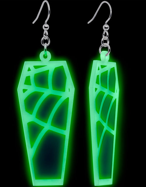 Load image into Gallery viewer, Glowing Spider Web Coffin Glow in the Dark Dangle Earrings by Onyx O
