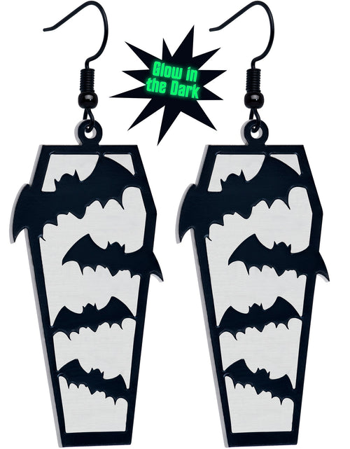 Load image into Gallery viewer, Black Bat Coffin Glow in the Dark Dangle Earrings by Onyx O
