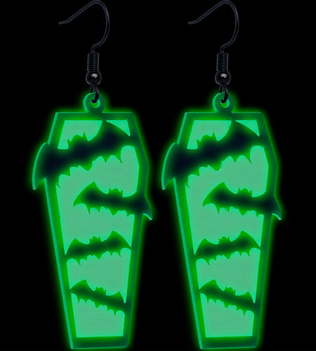 Black Bat Coffin Glow in the Dark Dangle Earrings by Onyx O