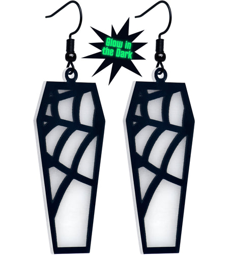 Black Spider Web Coffin Glow in the Dark Dangle Earrings by Onyx O