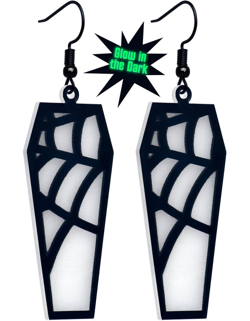 Load image into Gallery viewer, Black Spider Web Coffin Glow in the Dark Dangle Earrings by Onyx O
