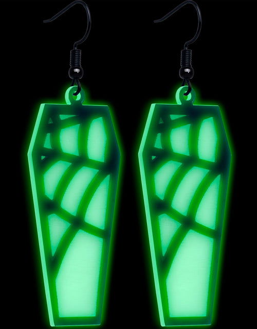 Load image into Gallery viewer, Black Spider Web Coffin Glow in the Dark Dangle Earrings by Onyx O
