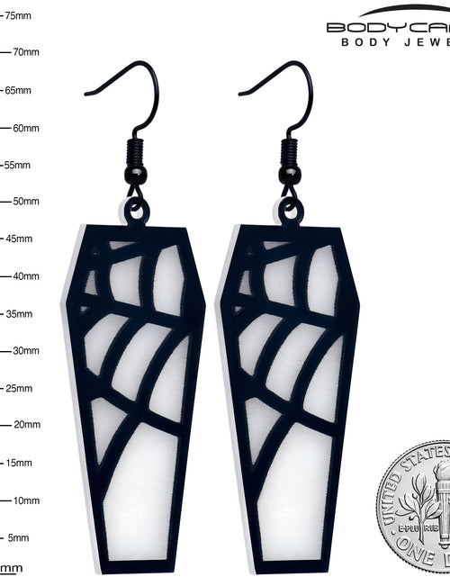 Load image into Gallery viewer, Black Spider Web Coffin Glow in the Dark Dangle Earrings by Onyx O
