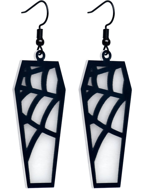 Load image into Gallery viewer, Black Spider Web Coffin Glow in the Dark Dangle Earrings by Onyx O
