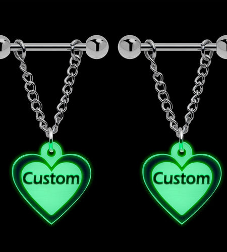 Custom Heart Glow in the Dark Chain Personalized Name Dangle Nipple Ring Set