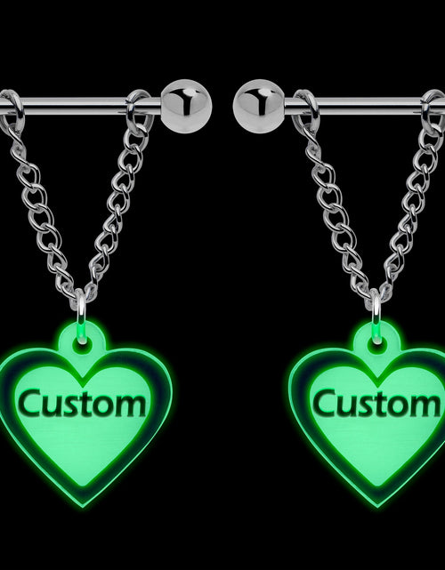 Load image into Gallery viewer, Custom Heart Glow in the Dark Chain Personalized Name Dangle Nipple Ring Set
