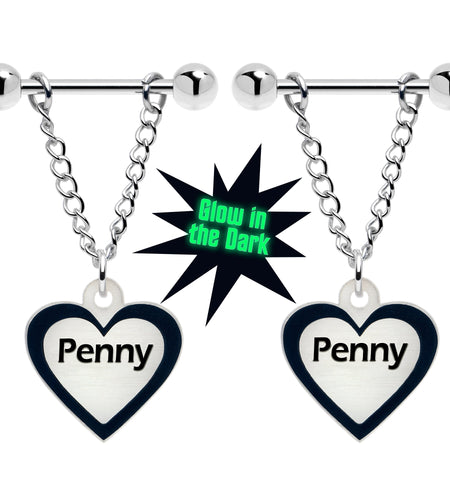 Custom Heart Glow in the Dark Chain Personalized Name Dangle Nipple Ring Set