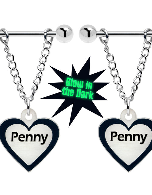 Load image into Gallery viewer, Custom Heart Glow in the Dark Chain Personalized Name Dangle Nipple Ring Set
