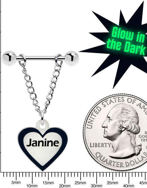 Load image into Gallery viewer, Custom Heart Glow in the Dark Chain Personalized Name Dangle Nipple Ring Set
