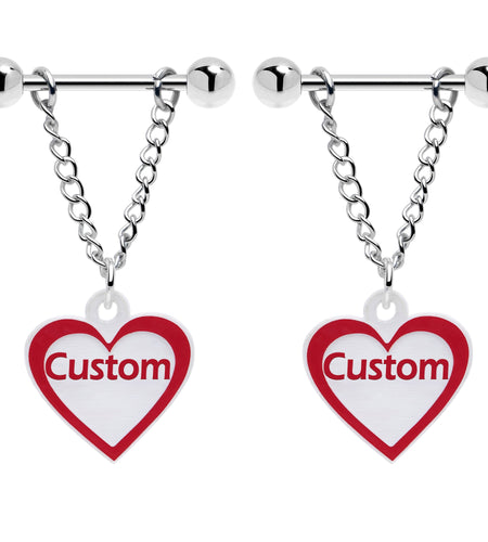 Custom Red White Heart Chain Personalized Name Dangle Nipple Ring Set