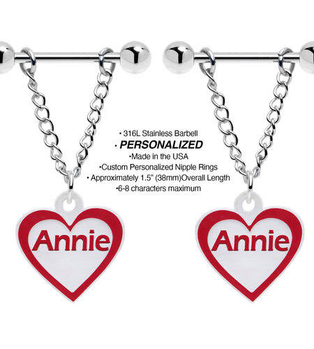 Custom Red White Heart Chain Personalized Name Dangle Nipple Ring Set