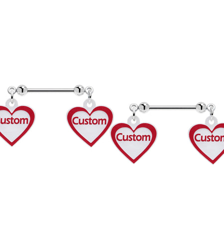 Custom Red White Heart Double Personalized Name Dangle Nipple Ring Set