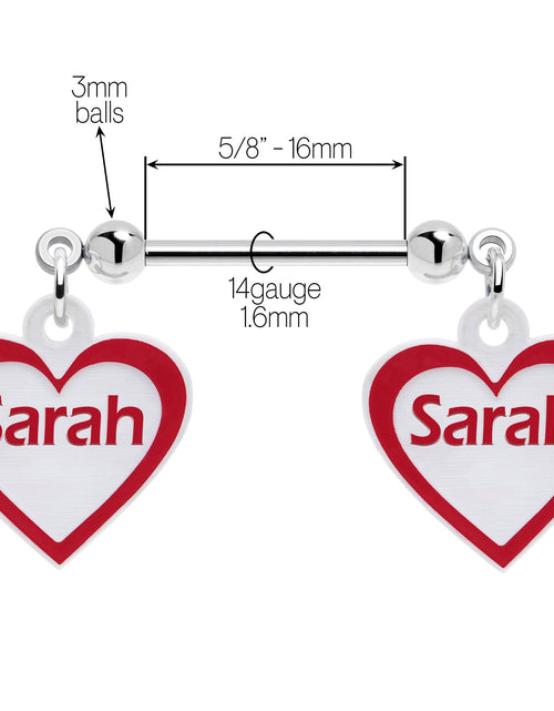 Load image into Gallery viewer, Custom Red White Heart Double Personalized Name Dangle Nipple Ring Set
