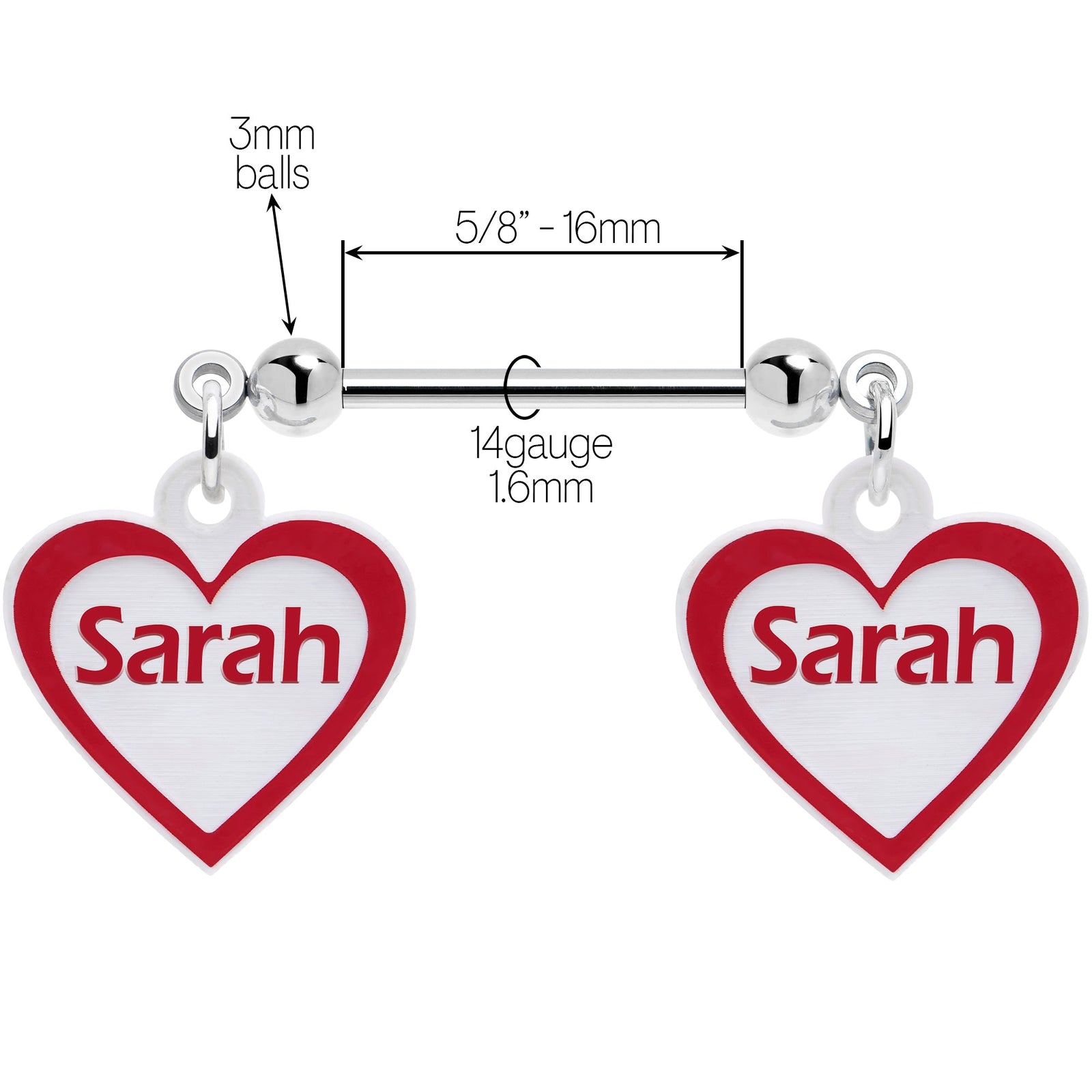Custom Red White Heart Double Personalized Name Dangle Nipple Ring Set