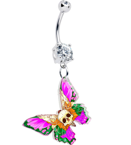 Clear Gem Butterfly Skull Dangle Belly Ring by Onyx O