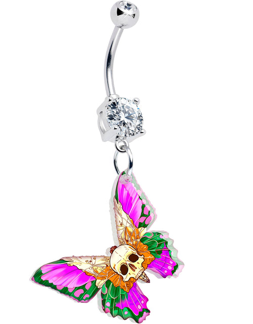 Load image into Gallery viewer, Clear Gem Butterfly Skull Dangle Belly Ring by Onyx O
