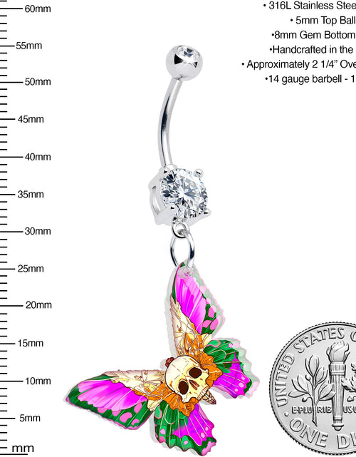 Load image into Gallery viewer, Clear Gem Butterfly Skull Dangle Belly Ring by Onyx O
