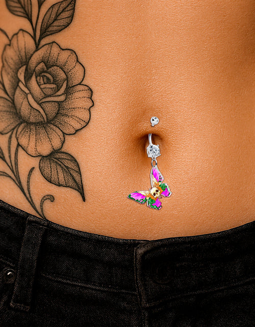 Load image into Gallery viewer, Clear Gem Butterfly Skull Dangle Belly Ring by Onyx O
