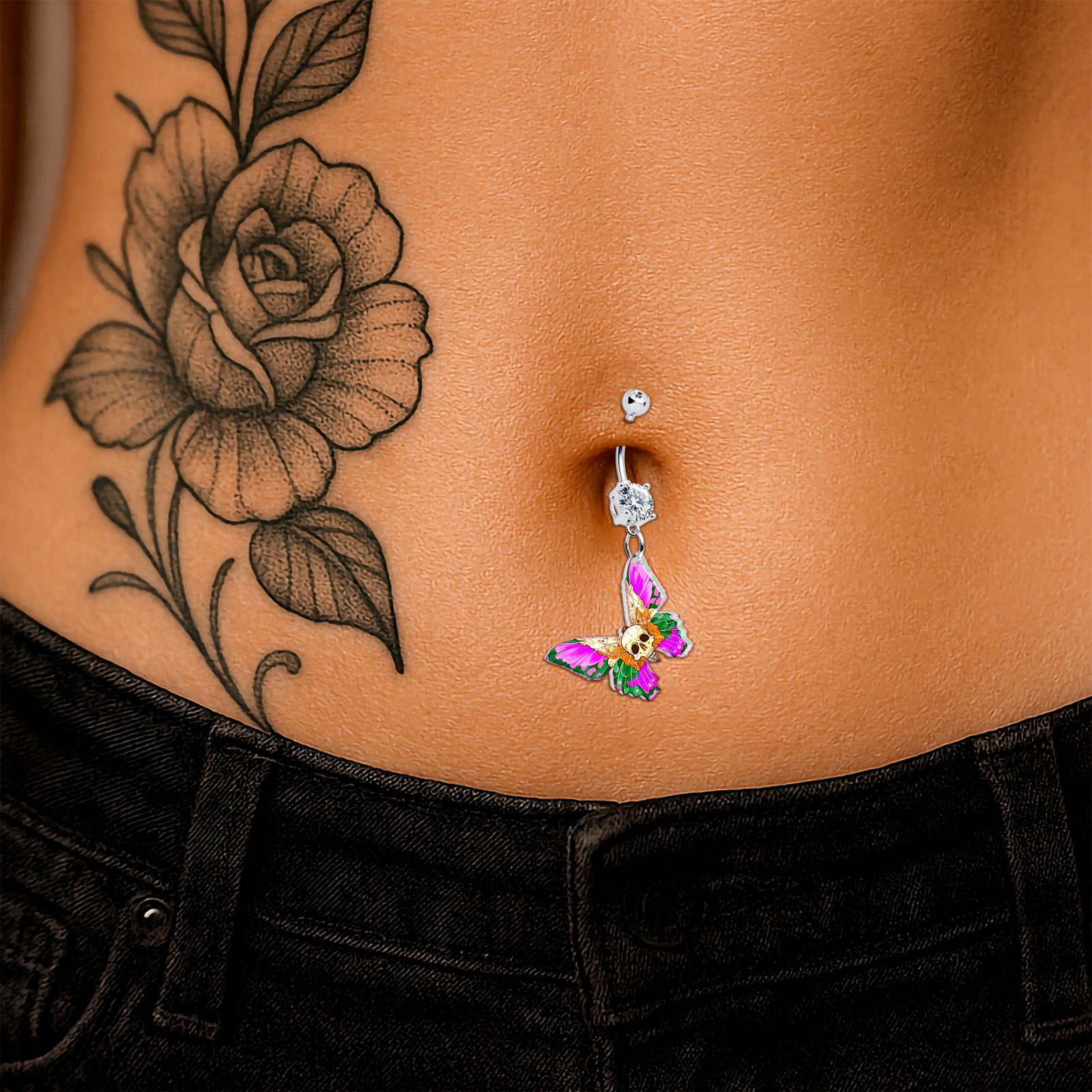 Clear Gem Butterfly Skull Dangle Belly Ring by Onyx O