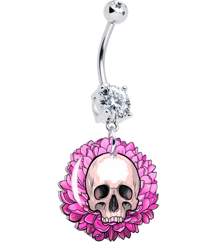 Clear Gem Blooming Pink Flower Skull Dangle Belly Ring by Onyx O