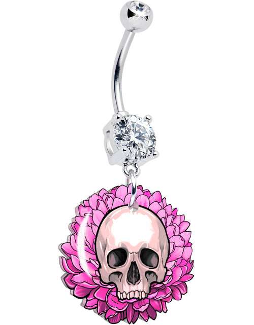 Load image into Gallery viewer, Clear Gem Blooming Pink Flower Skull Dangle Belly Ring by Onyx O
