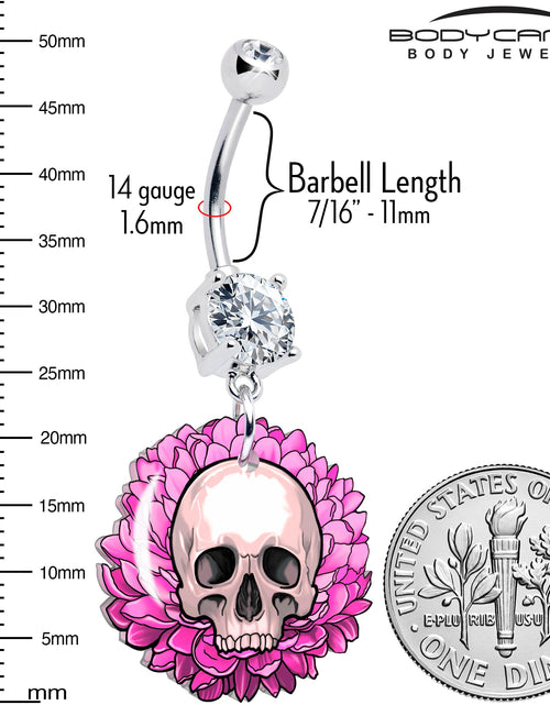 Load image into Gallery viewer, Clear Gem Blooming Pink Flower Skull Dangle Belly Ring by Onyx O
