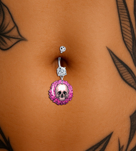 Clear Gem Blooming Pink Flower Skull Dangle Belly Ring by Onyx O