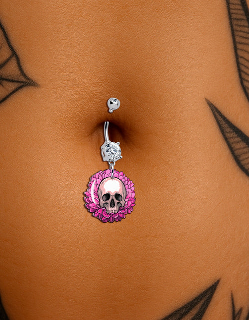 Load image into Gallery viewer, Clear Gem Blooming Pink Flower Skull Dangle Belly Ring by Onyx O
