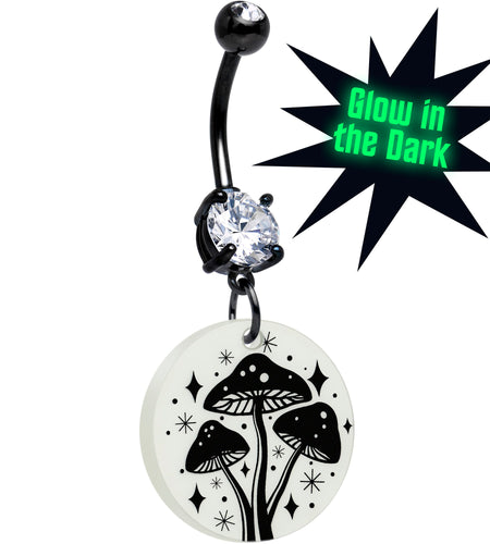 Black Double Gem Glow in the Dark Mystic Mushroom Dangle Belly Ring by Onyx O