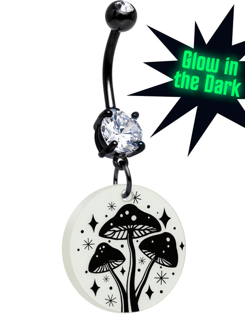 Load image into Gallery viewer, Black Double Gem Glow in the Dark Mystic Mushroom Dangle Belly Ring by Onyx O
