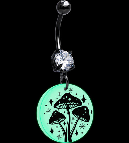 Black Double Gem Glow in the Dark Mystic Mushroom Dangle Belly Ring by Onyx O