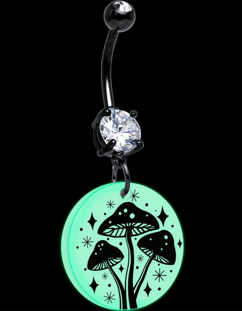 Load image into Gallery viewer, Black Double Gem Glow in the Dark Mystic Mushroom Dangle Belly Ring by Onyx O
