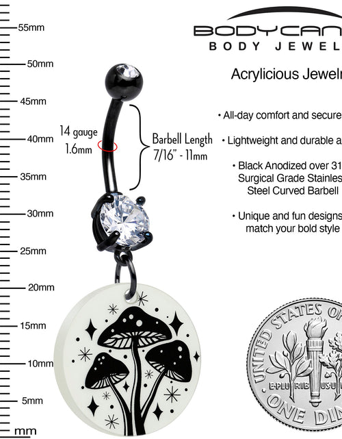 Load image into Gallery viewer, Black Double Gem Glow in the Dark Mystic Mushroom Dangle Belly Ring by Onyx O
