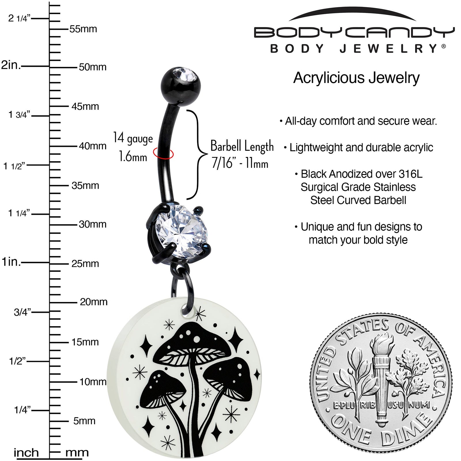 Black Double Gem Glow in the Dark Mystic Mushroom Dangle Belly Ring by Onyx O