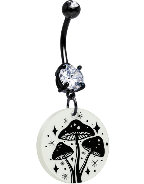 Load image into Gallery viewer, Black Double Gem Glow in the Dark Mystic Mushroom Dangle Belly Ring by Onyx O
