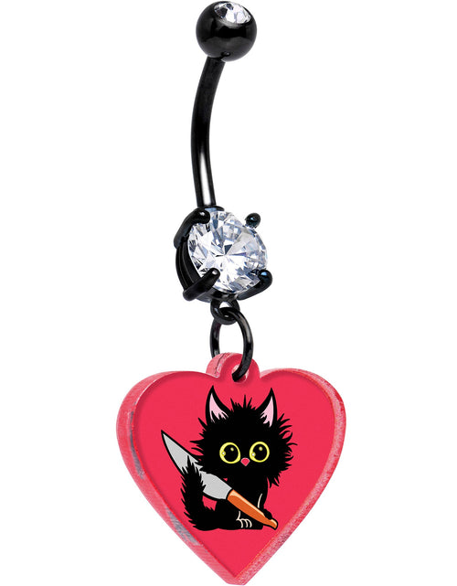 Load image into Gallery viewer, Black Double Gem Heart Staby Cat Dangle Belly Ring by Onyx O
