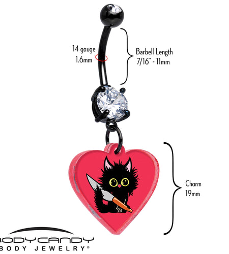 Black Double Gem Heart Staby Cat Dangle Belly Ring by Onyx O
