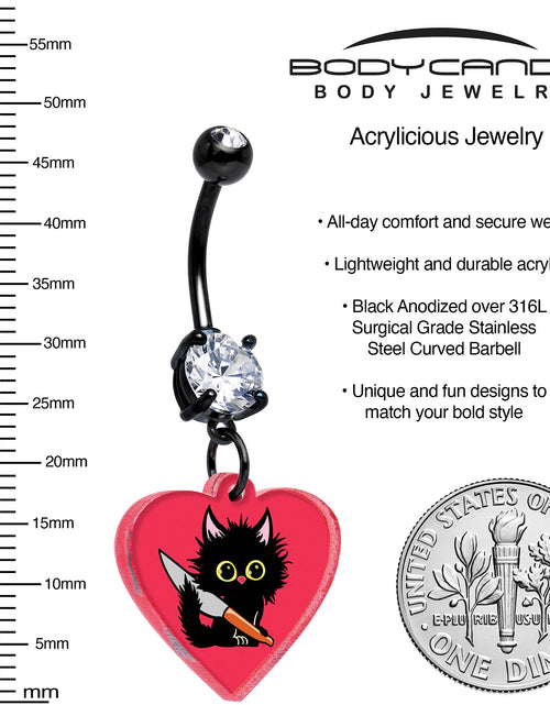 Load image into Gallery viewer, Black Double Gem Heart Staby Cat Dangle Belly Ring by Onyx O
