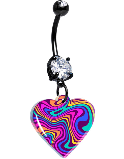 Load image into Gallery viewer, Black Double Gem Swirling Heart Dangle Belly Ring by Onyx O
